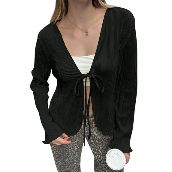 Women’s Black Front-Tie Long Sleeve Pleated Top Casual Autumn Shirt Jacket for Daily Wear