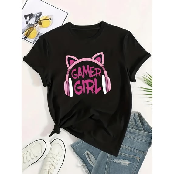 Women's Black "Gamer Girl" Cat Ear Headphones Graphic Tee Plus Size S-5XL, Stylish Printed T-Shirt, Casual Oversized Top for Female Gamers & Tech Enthusiasts
