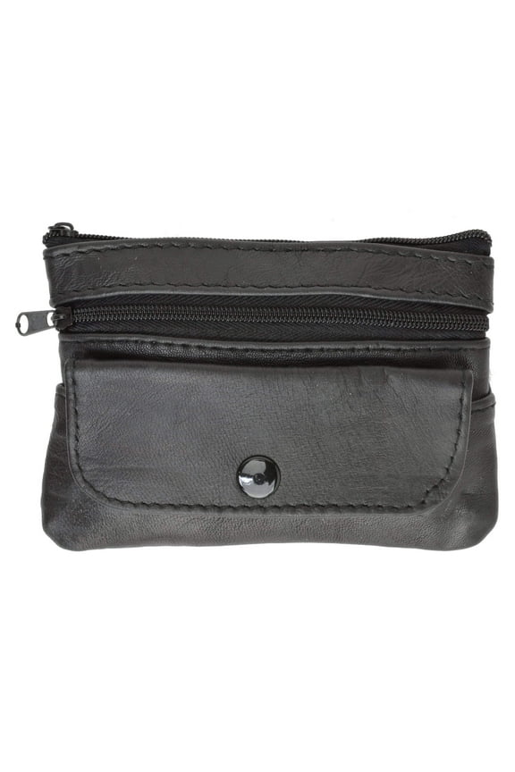 Women's Black Genuine Leather Coin Change Purse W/ Key Rind & Snap Pocket