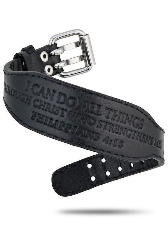 Women's Black Genuine Leather Weight Belt Bracelet-Phil 4:13 by Shields of Strength