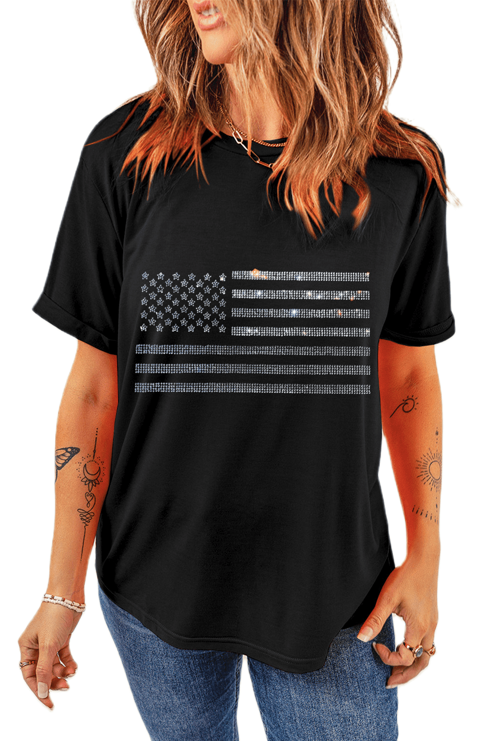 Women's Black Glittering Rhinestone American Flag Pattern T-Shirt ...
