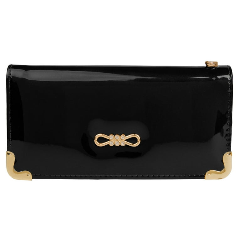 Women s Black Glossy Patent Leather Wallet With Card Holder Organizers and Convertible Vegan Leather Strap Wristlet Walmart