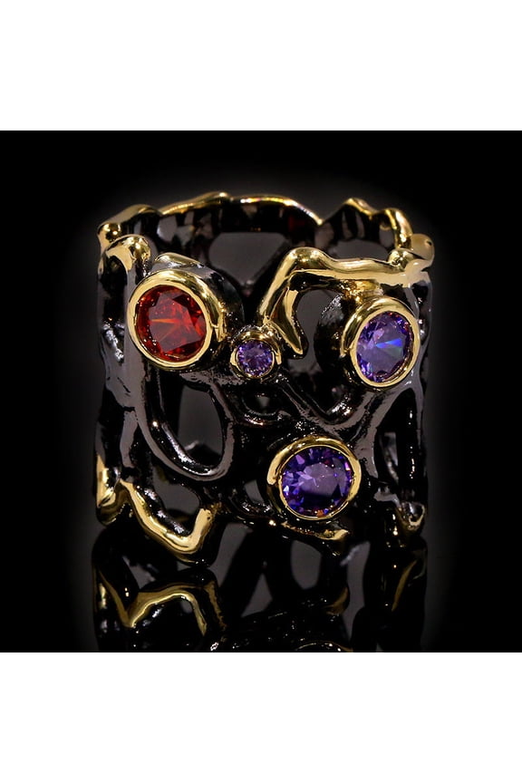 Women's Black Gold Plated Ring With Colored Stone Inlay Hollow Design Brass Gemstone Jewelry European Inspired