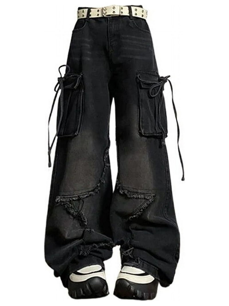 Women's Black Gothic Baggy Cargo Jeans with Star Harajuku