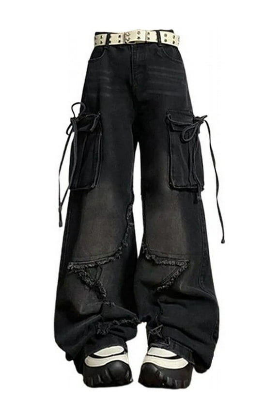 Women's Black Gothic Baggy Cargo Jeans with Star Harajuku Y2k 90s Aesthetic Denim Trousers Emo 2000s Jean Pants Vintage Clothes