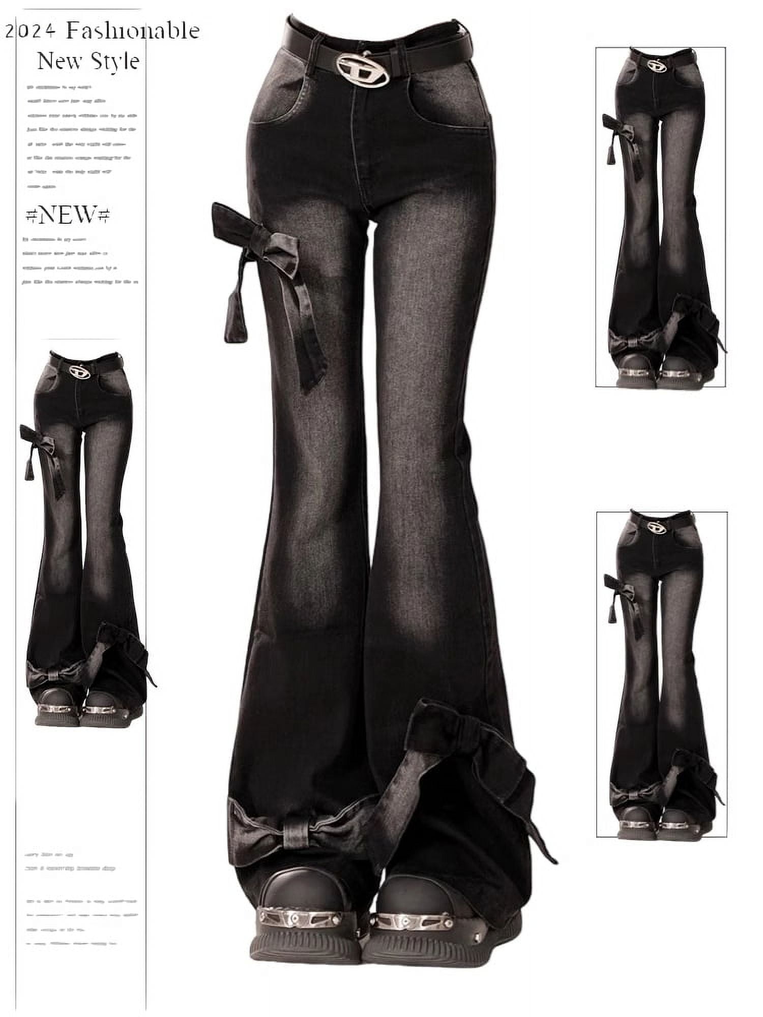 Women's Black Gothic Bow Flare Jeans Harajuku Aesthetic Y2k