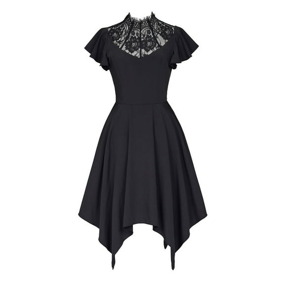 Women's Black Gothic Dress with Lace Collar, Vintage Asymmetrical Hemline Gothic Style Dress