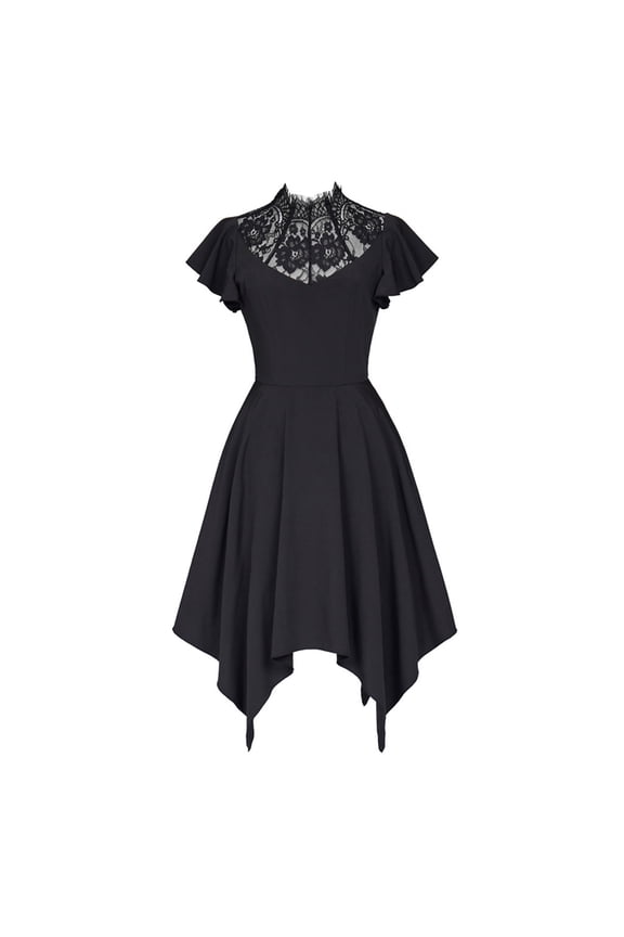 Women's Black Gothic Dress with Lace Collar, Vintage Asymmetrical Hemline Gothic Style Dress