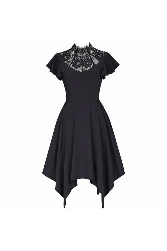 Women’s Black Gothic Dress with Lace Neckline Vintage Style Pirate Inspired Skater Dress