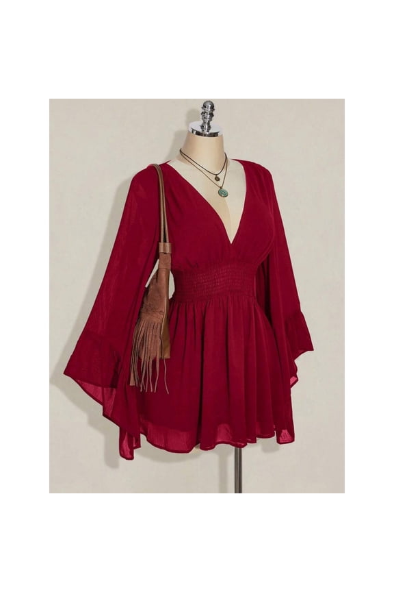 Women's Black Gothic V-Neck Waist Cinched Bell Sleeve Mini Dress for Fall/Winter