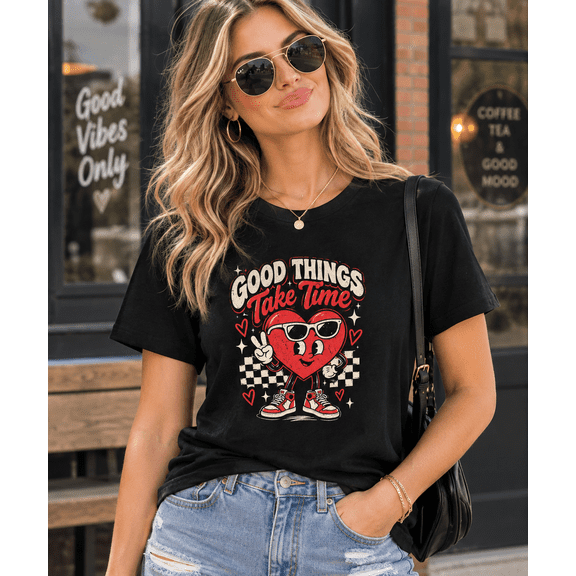 Women's Black Graphic T-Shirt "Good Things Take Time" Funny Heart Print Casual Crew Neck Tee