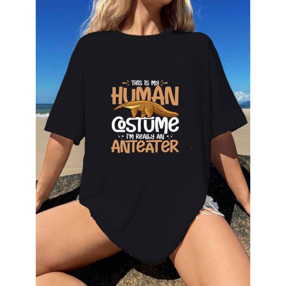 Women's Black Graphic Tee with Anteater Costume Pun Print, S-5XL Plus Size T-Shirt, Casual Funny Style Top for Animal Enthusiasts