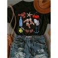 thumbnail image 1 of Women's Black Graphic Tee with Coastal Seafood & Drinks Print, S-5XL Plus Size T-Shirt, Casual Coastal Style Top for Beach Enthusiasts, 1 of 5