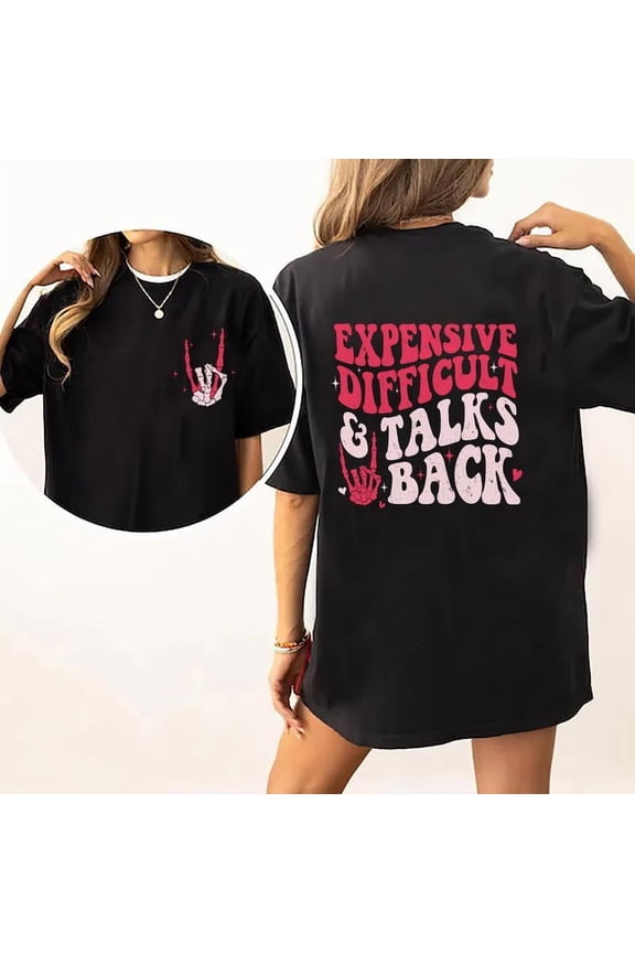 Women's Black Graphic Tee with Skeleton Hand & "Expensive Difficult" Print, S-5XL Plus Size T-Shirt, Casual Edgy Style Top for Attitude Enthusiasts