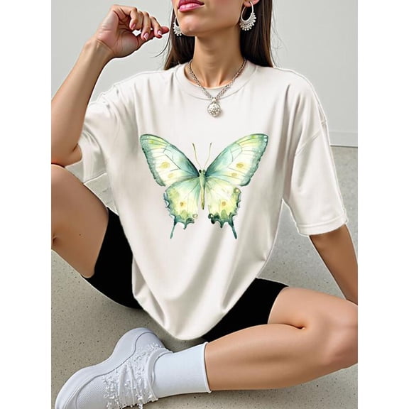 Women's Black Graphic Tee with Watercolor Butterfly Print, S-5XL Plus Size T-Shirt, Casual Boho Style Top for Nature Enthusiasts