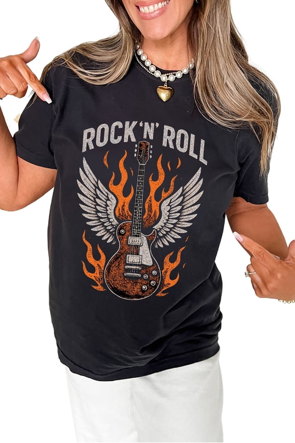 Women's Black Guitar Wings Slogan Print Crew Neck T-Shirt - Rock N Roll Graphic Tee | [ZhiHiMeRi] | (US 20-22)2XL