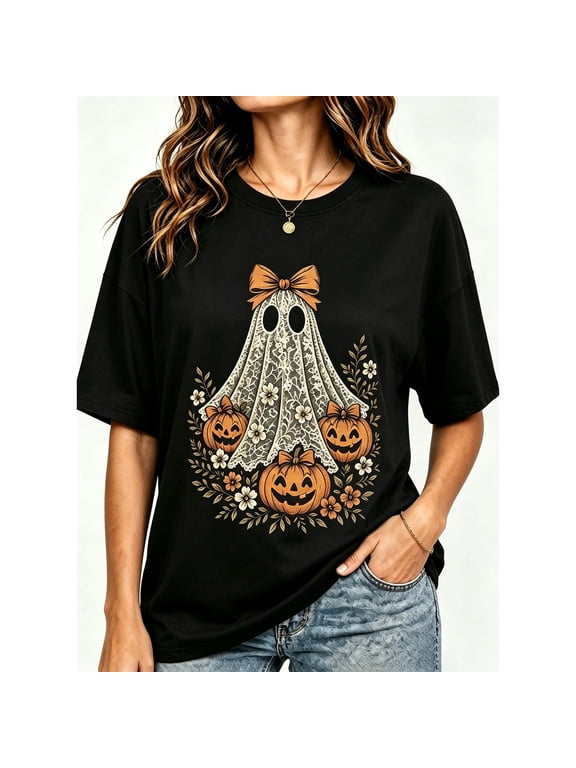 Women's Black Halloween Lace Bow Ghost Pumpkin Floral Print Relaxed Fit Crew Neck Short Sleeve T-Shirt