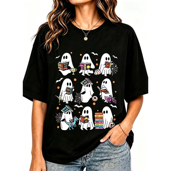 Women's Black Halloween Reading Ghosts Book Lover Print Relaxed Fit Crew Neck Short Sleeve T-Shirt