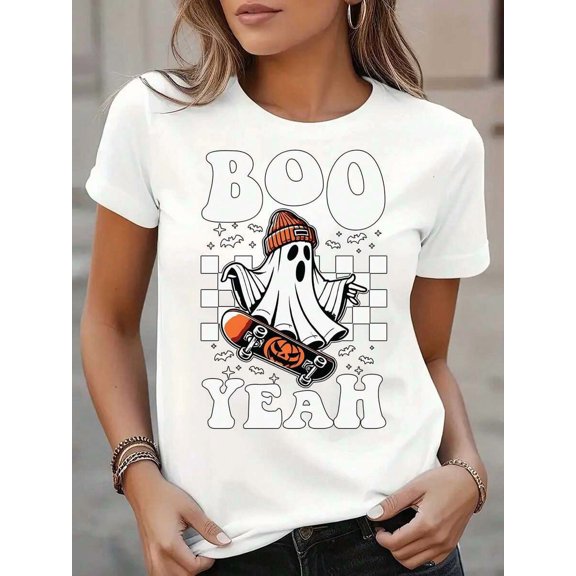 Women's Black Halloween T-Shirt With Ghost Skateboarding BOO YEAH Print, Perfect For Halloween Party And Festive Occasions