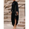 thumbnail image 1 of Women’s Black High Neck Long Sleeve Maxi Dress Matte Stretch Woven Dress with Gold Button Row Side Slit Asymmetric Hem and Subtle Train, 1 of 5