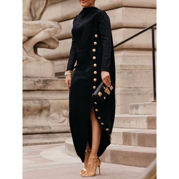 Women’s Black High Neck Long Sleeve Maxi Dress Matte Stretch Woven Dress with Gold Button Row Side Slit Asymmetric Hem and Subtle Train