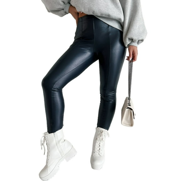 Women's Black High Waist Faux Leather Leggings - Seamless Stylish Design for Casual Wear - [ZhiHiMeRi] | L