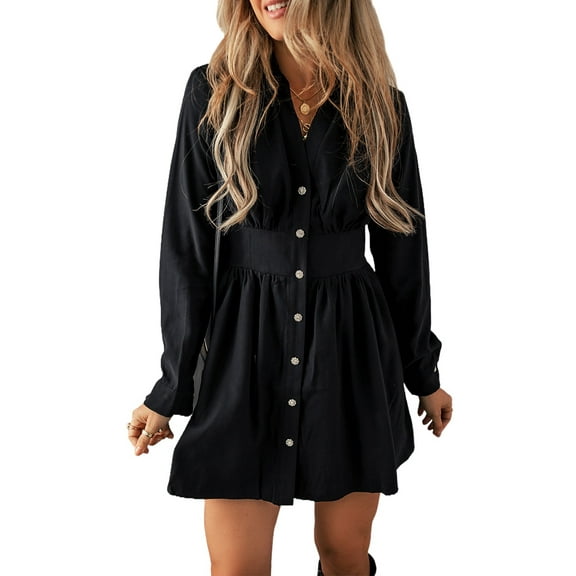Women's Black High Waist Long Sleeve Shirt Mini Dress