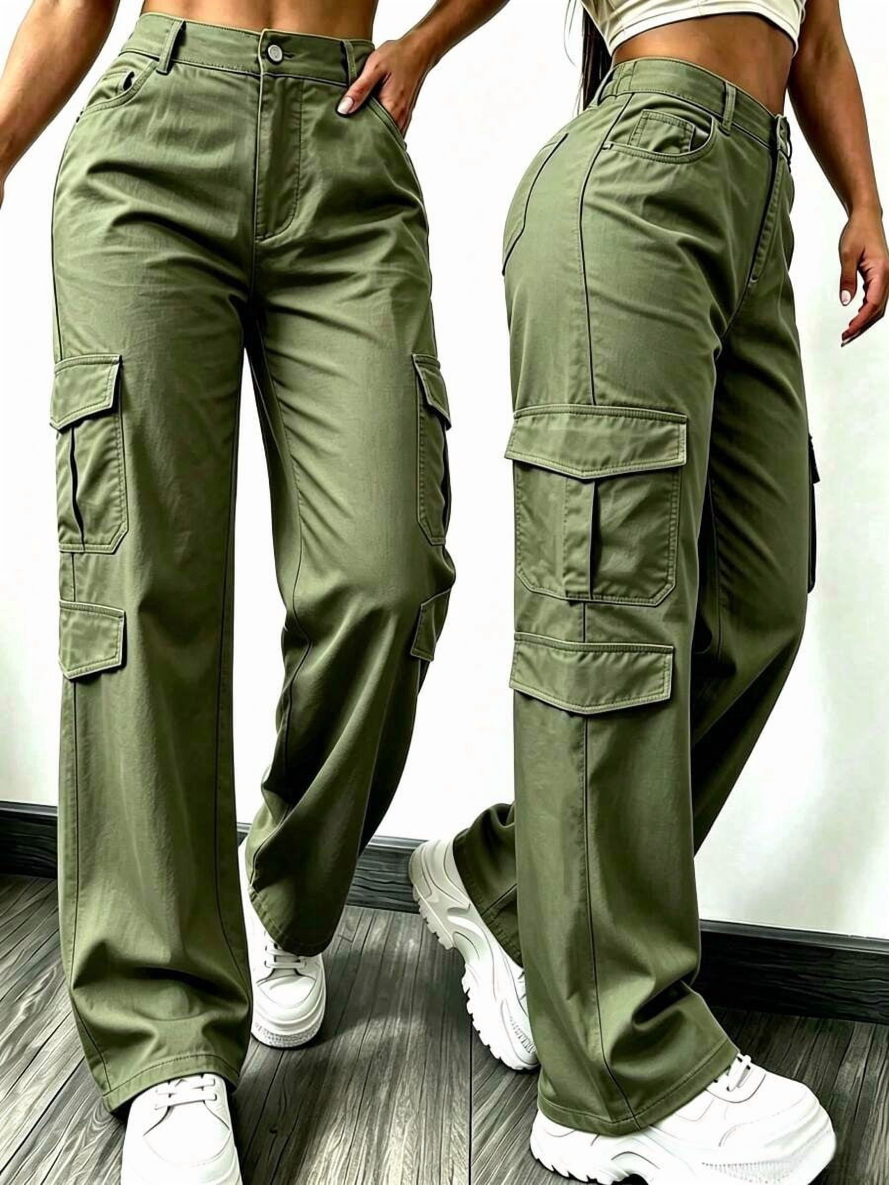 Women's Black High-Waist Multi-Pocket Cargo Pants, Lightweight Wide-Leg Casual Loose Long Pants