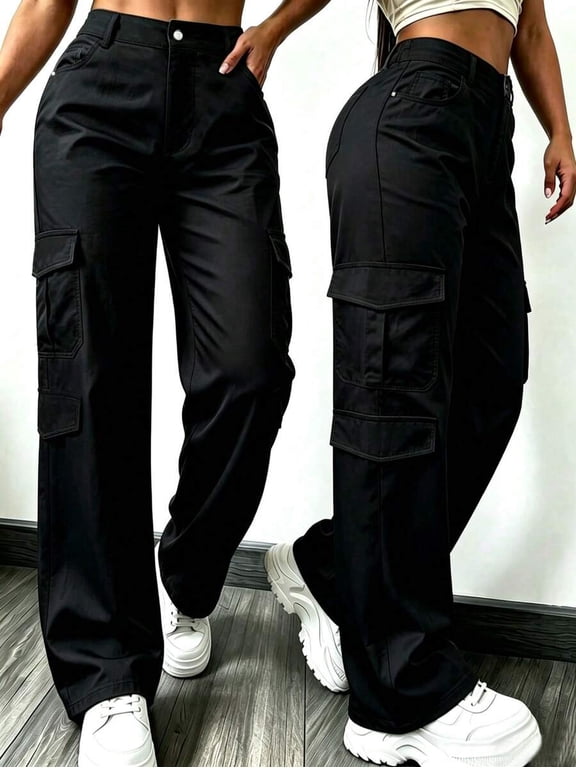 Women's Black High-Waist Multi-Pocket Cargo Pants, Lightweight Wide-Leg Casual Loose Long Pants