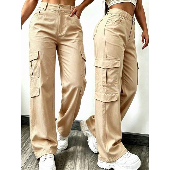 Women's Black High-Waist Multi-Pocket Cargo Pants, Lightweight Wide-Leg Casual Loose Long Pants