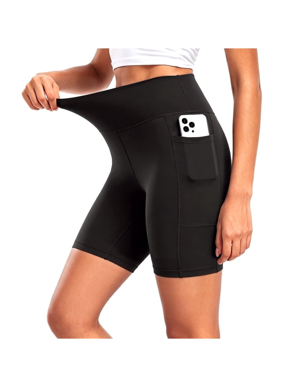 Womens 8" High Waist Spandex Shorts Yoga Workout Biker Athletic Shorts with Pockets,Black,US Size XL