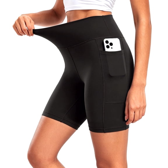 Reluien Womens 8" High Waist Spandex Shorts Yoga Workout Biker Athletic Shorts with Pockets,Black,US Size XL