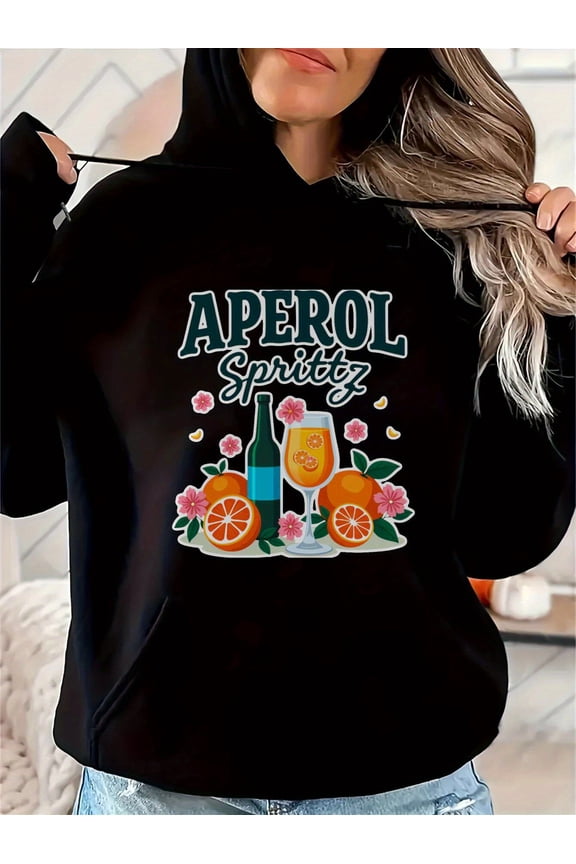 Women's Black Hoodie with Aperol Spritz Cocktail Print - Relaxed Fit Casual Pullover, Soft Stretchy Fabric, Machine Washable, Sizes S-3XL for Autumn/Winter, Cute Hoodies, Everyday Hoodie, Hooded Swea