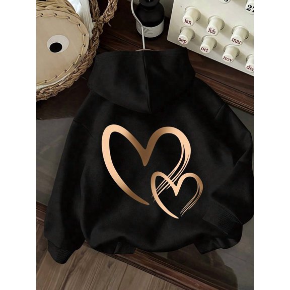 Women's Black Hoodie With Back Letter Print - Drawstring Hooded Sweatshirt, Medium Stretch Fabric For Everyday Casual & Formal Outfits - All-Season Women's Clothing, Versatile Sweatshirt, Comfortable