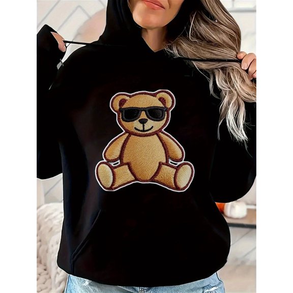 Women's Black Hoodie with Cool Bear Graphic Print, Loose Fit Casual Pullover, Medium Stretch Fabric, Machine Washable, Sizes S-3XL for Autumn/Winter, Cozy Apparel | Sporty Style Hoodie | Medium Stret