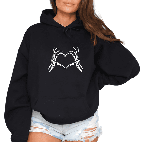 Women's Black Hoodie Graphic Tees Skeleton Hand Heart Pattern Shirts S-2XL Casual Daily Tops