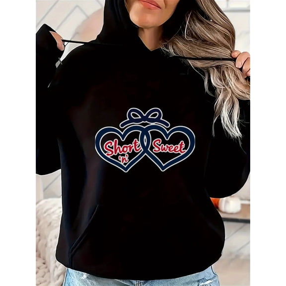 Women's Black Hoodie with Heart & Short Sweet Print - Oversized Casual Pullover, Mid-Stretch Fabric, Adjustable Drawstring Hood, Machine Washable, Sizes S-3XL, Autumn Winter Apparel | Medium Stretch