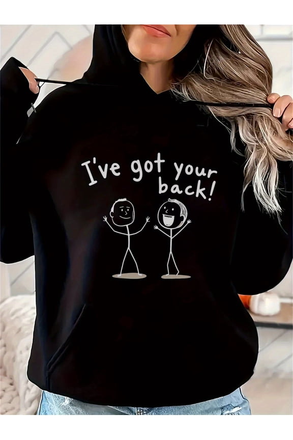 Women's Black Hoodie with "I've Got Your Back" Print & Stick Figure Design - Loose Fit Casual Pullover, Medium Stretch, Machine Washable, Sizes S-3XL for Autumn/Winter, Autumn Wear, Loose Fit Hoodie,