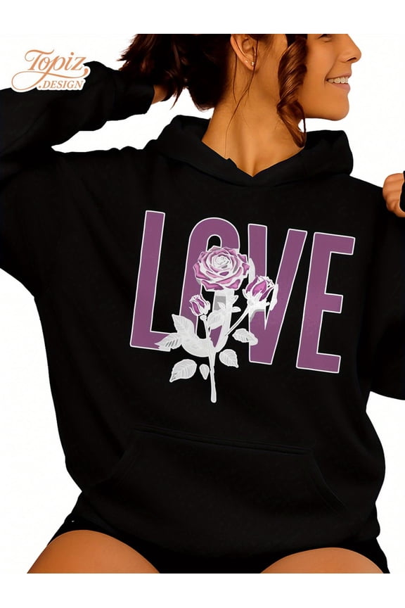 Women's Black Hoodie with Purple Rose & LOVE Graphic - Cozy Soft Pullover Sweatshirt, Unisex Oversized Fit, Long Sleeve Casual Streetwear, Drawstring Hood & Relaxed Fit for Fall Winter Warmth, Pink &