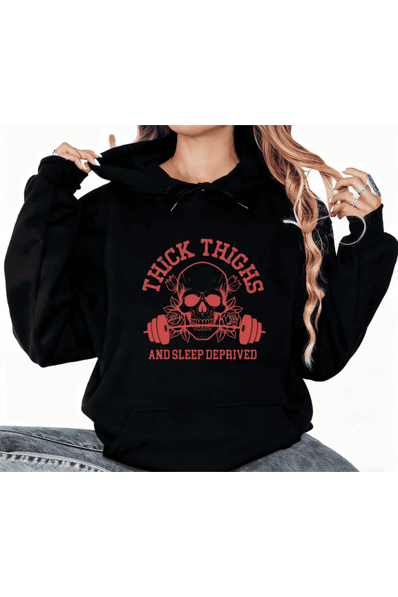 Women's Black Hoodie "Retro Fitness Style Skull, Barbell & Lettering Pattern" Trendy Style Casual Tops S-2XL
