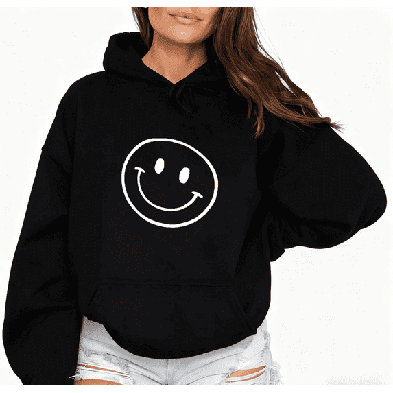 Women's Black Hoodie "Retro Minimalist Smiley Face Pattern" Trendy Style Casual Tops S-2XL