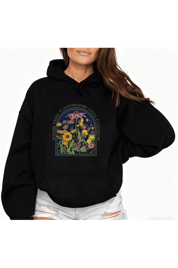 Women's Black Hoodie "Retro Native Plants & Ecosystem Restoration Art Pattern" Artistic Style Casual Tops S-2XL