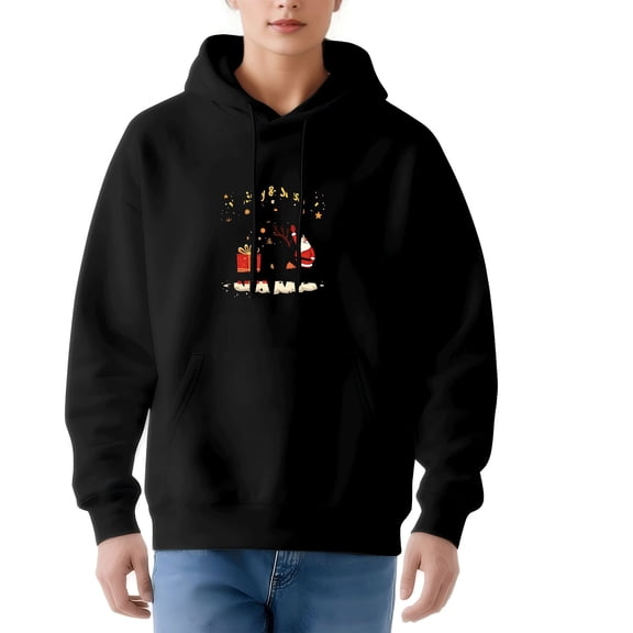 Women's Black Hoodie with Festive Kangaroo Design Santa Hat Gift Boxes & Snowflakes Long Sleeve Pullover with Pockets - " NAMAN "