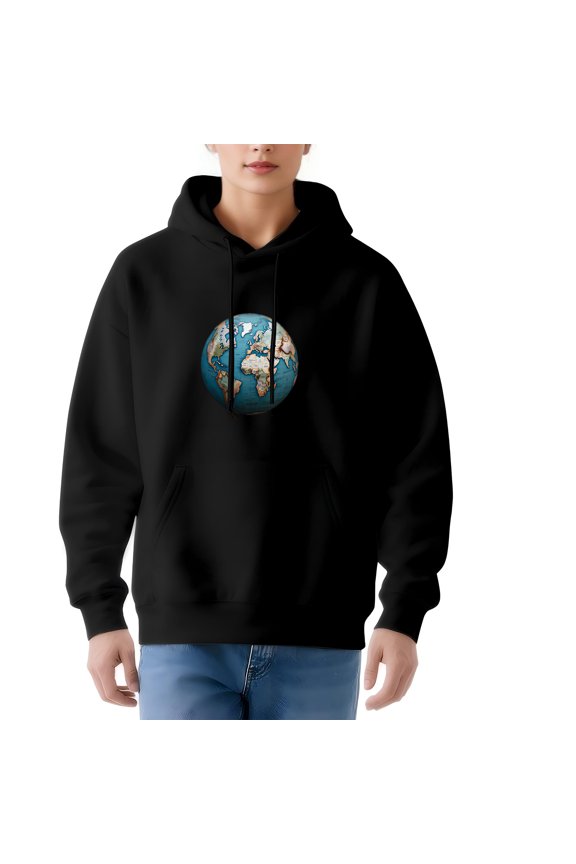 Women's Black Hoodie with Globe Illustration Long Sleeve Pullover Sweatshirt Relaxed Fit Front Pocket Drawstrings