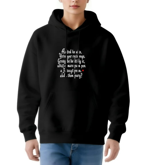Women's Black Hoodie with Unique White & Red Quote Print Long Sleeve Pullover Sweatshirt with Front Pocket & Drawstrings