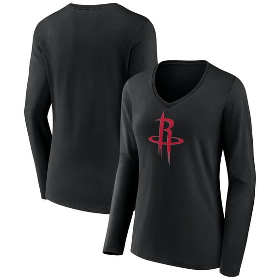 Women's Black Houston Rockets Primary Logo Long Sleeve V-Neck T-Shirt