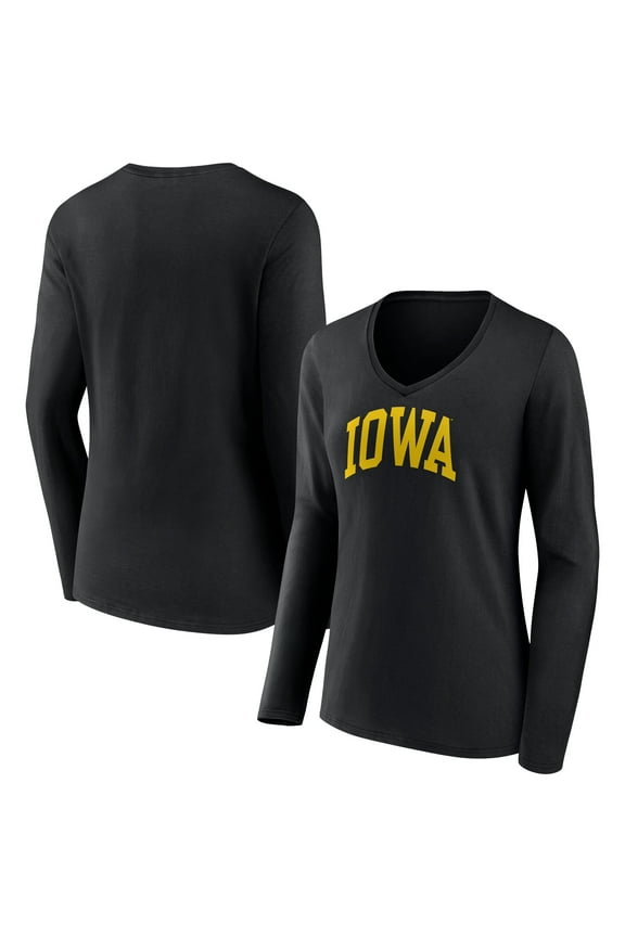 Women's Black Iowa Hawkeyes Basic Arch Long Sleeve V-Neck T-Shirt