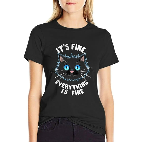 Women's Black "It's Fine Everything Is Fine" Cat Graphic Tee Plus Size S-5XL, Humorous Printed T-Shirt, Casual Oversized Top for Cat & Sarcasm Enthusiasts