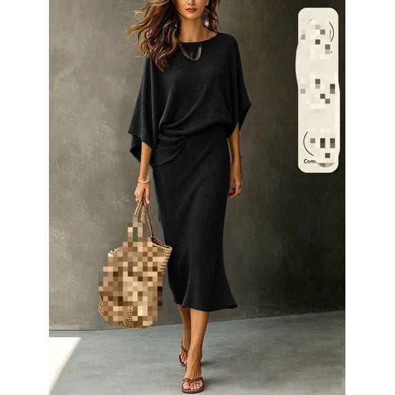 Women's Black Knit 2-Piece Set, Boat Neck Cap Sleeve Loose Top and Elastic Waist Midi Skirt, Elegant Spring Summer Outfit