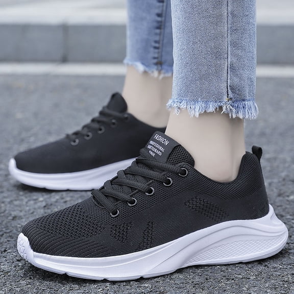 Women's Black Knit Mesh Lightweight Platform Walking Sneakers